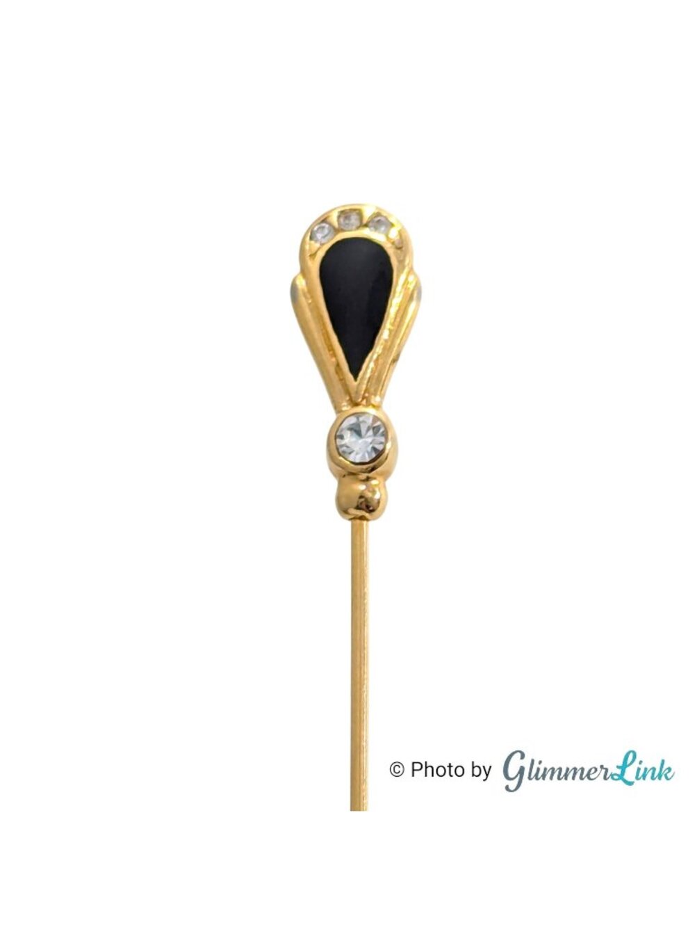 Vintage Gold Tone Black & Clear Rhinestone Art Deco Style Stick Pin